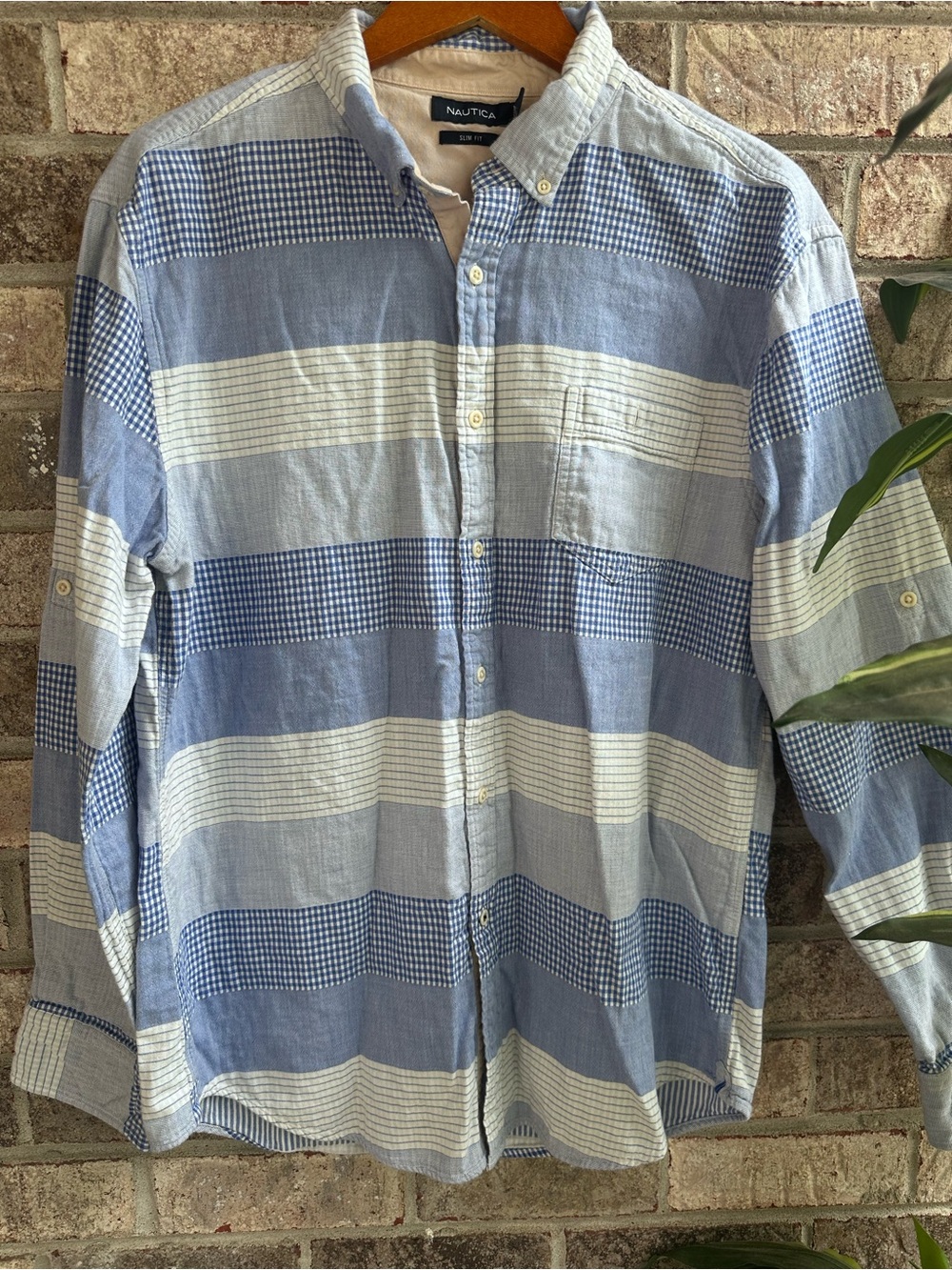 Men’s Nautica Blue Patchwork Gingham Button-Down Long Sleeve Shirt Slim Fit XS
